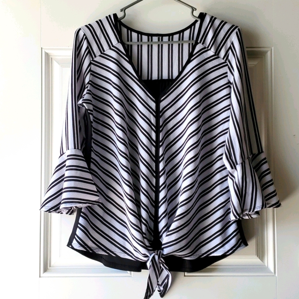 Black Striped Ruffle Sleeve Blouse